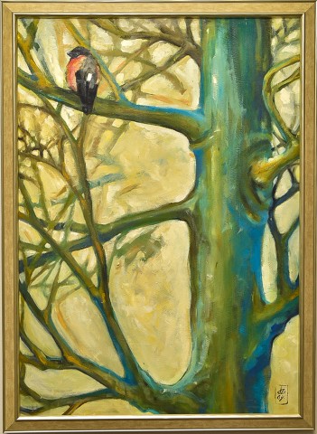 painted, acrylic, framed, wooden golden frame, nature, cream, soft, bird, wildlife, green, big painting 