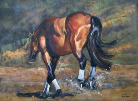 Bay Dressage Horse Flinging heels up pastel painting