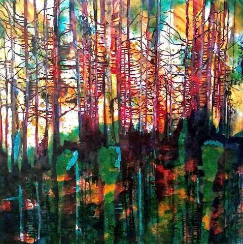 Trees, landscape, contemporary, oil, large, canvas, caia, caia matheson, painting, green, yellow, blue, red, white