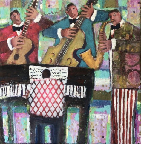 Saxophone 
Men
Figurative 
Guitar 
Piano 
 