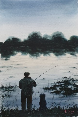 Fishing With The Boy - Original Watercolour painted by Ricky Figg on watercolour paper 