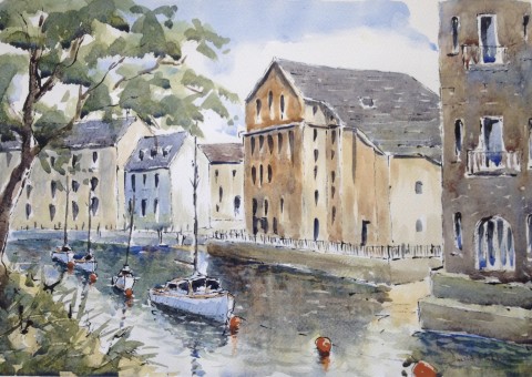 Totnes moorings watercolour and ink painting by David Mather