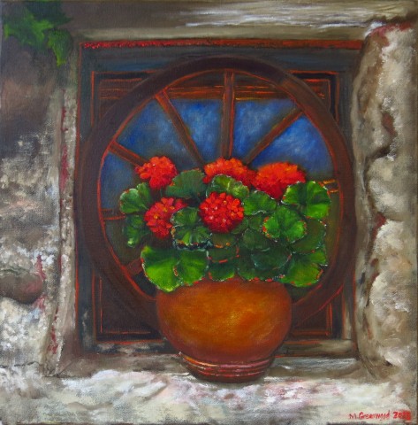 Geraniums in a Window Setting