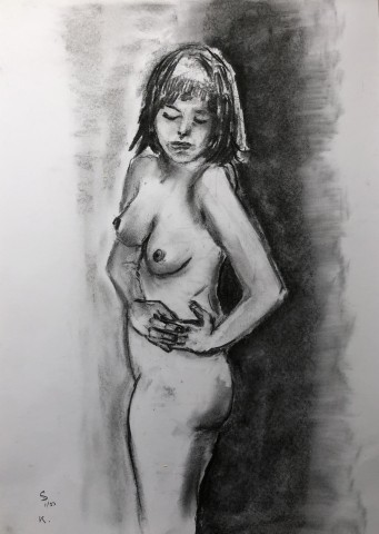Charcoal life drawing nude female standing figure
