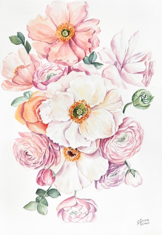 watercolor
painting
peonies
peony
roses
flowers
floral
blooming
spring
composition
modern
botanical
realism

