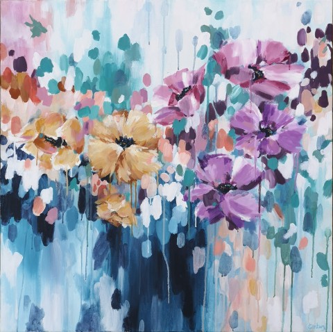 Original abstract flower painting with colourful cascading flowers falling down the canvas