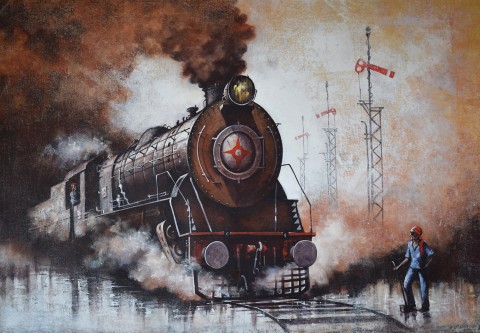 Indian steam locomotives acrylic painting on canvas by Indian contemporary artist Kishore Pratim Biswas