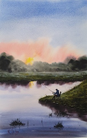 Out Early - Original Watercolour painted by Ricky Figg on watercolour paper - Fishing  early morning
