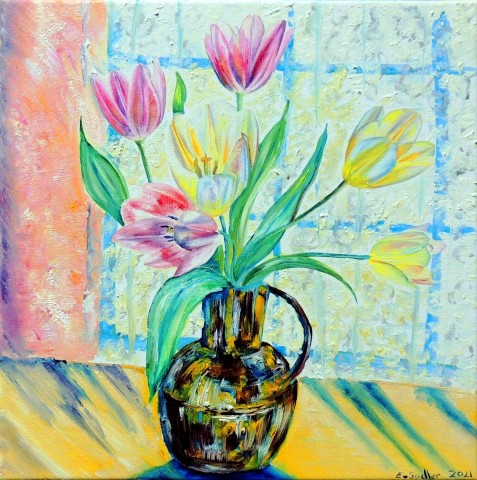 Yellow & Pink Tulips in Brass Jug