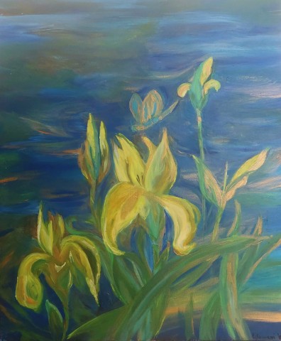 Yellow Iris and Dragonfly