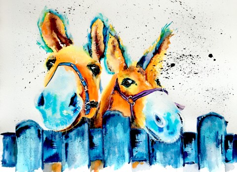 Yuletide Mules artwork.  Contemporary watercolour animal painting of two donkeys.