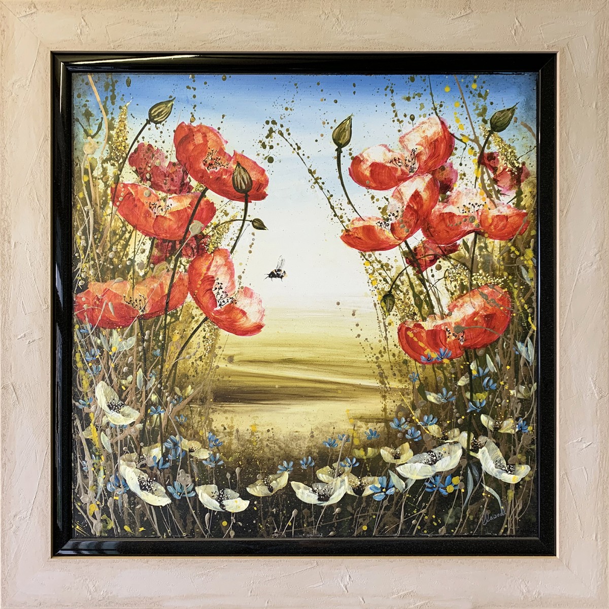 Contemporary Design Framed Watercolour Flower Painting Beautiful Fine Art Painting With Bees Small Original Red Poppies Unique Gift